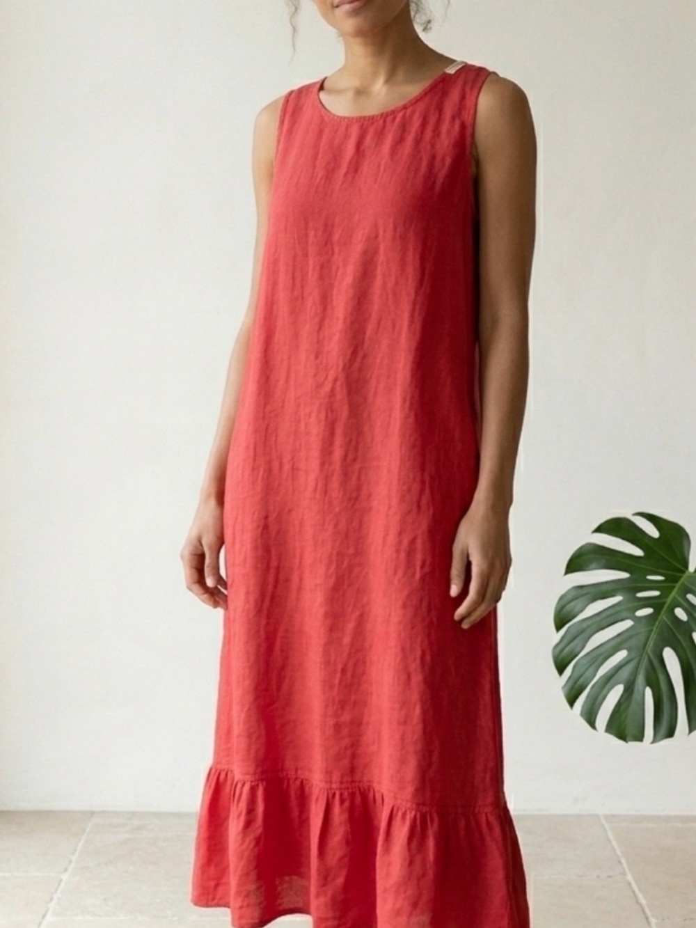 100% Linen Casual Sleeveless Maxi Dress Coral Red Capsule Wardrobe Spring Summer